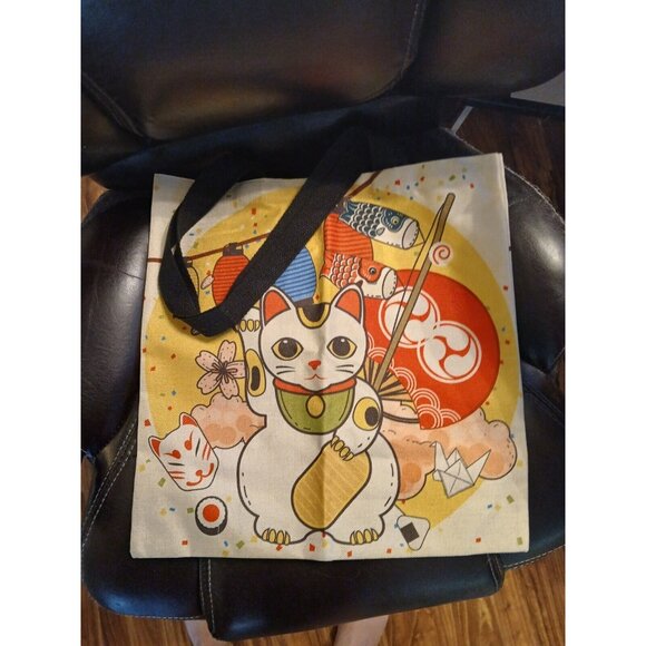 Waving Lucky Hello Cat Kitty Canvas Bag Large Purse Handbag 15.7" - Picture 5 of 5